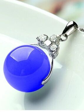 925 Sterling Silver Jade Blue Agate Diamond Necklace 18”